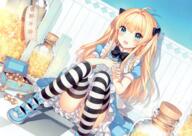 alice_(wonderland) alice_in_wonderland apron blonde_hair blue_eyes bow candy food legwear lolita_fashion long_hair nardack scan stockings thigh-highs thighhighs // 3720x2640 // 6.7MB