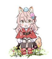 1girl animal animal_ear_fluff animal_ears animal_on_head bangs bird black_skirt black_socks blue_flower blush boots brown_eyes capelet chibi commentary_request d fang flower full_body hair_between_eyes hair_flower hair_ornament hair_ribbon hood hood_down hooded_capelet kneehighs knees_up long_hair long_sleeves looking_at_viewer on_head original pink_flower pink_hair pleated_skirt red_capelet red_footwear red_ribbon ribbon shirt sitting skirt sleeves_past_wrists smile socks solo tail wataame27 white_background white_shirt wolf-chan_(wataame27) wolf_ears wolf_girl wolf_tail yellow_flower // 572x646 // 182.8KB