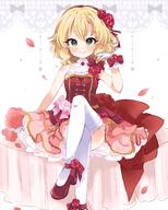 1girl arm_support blonde_hair blush bow commentary crossed_legs dress flower gloves green_eyes hair_between_eyes hair_flower hair_ornament hand_up highres idolmaster idolmaster_cinderella_girls layered_skirt legs looking_at_viewer medium_hair official_alternate_costume petals pink_bow pink_flower pink_rose red_bow red_dress red_flower red_footwear red_rose remiri_nicoeli rose sakurai_momoka sidelocks sitting skirt sleeveless sleeveless_dress smile solo thigh-highs thighs wavy_hair white_background white_gloves white_thighhighs // 1638x2048 // 344.8KB