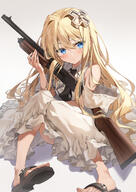 1girl bare_shoulders bent_knees black_necktie black_neckwear blonde_hair blue_eyes clothing cross cross_(symbol) cross_clip dress fanart female from_pixiv gun hair_clip hair_intakes hair_ornament hairclip high_resolution kakao_rantan kakaorantan kisaragi_alice kisaragi_alice_(sentouin_hakenshimasu!) long_hair looking_to_the_side necktie pixiv questionable safe sentouin_hakenshimasu! shotgun sitting solo useless_tags weapon weapons white_dress ももチラ オリジナル カカオ・ランタン キサラギ=アリス キサラギ＝アリス 戦闘員、派遣します! 足指 // 1158x1637 // 1.4MB