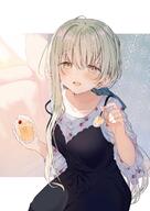 1girl black_bow black_dress blush bow cecilia_(shiro_seijo_to_kuro_bokushi) collarbone d dress floral_print food fruit green_hair hair_between_eyes highres holding holding_spoon incoming_food kazutake_hazano long_hair looking_at_viewer open_mouth shiro_seijo_to_kuro_bokushi shirt sitting smile solo spoon wide_sleeves // 1450x2048 // 202.7KB