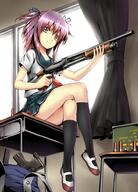 black_legwear box_weapon bullets classroom crossed_legs female girls_und_panzer girls_with_guns gun guns mobile_wallpaper original phone_wallpaper pixiv purple_eyes purple_hair rifle school shotgun sitting sitting_on_table solo takemori_shintarou wallpaper weapons // 700x972 // 154.0KB