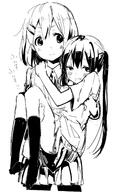 2girls bad_id bad_pixiv_id carrying fang female female_focus greyscale high_resolution highres hirasawa_yui k-on! kirisawa_saki lesbian long_hair monochrome multiple_females multiple_girls nakano_azusa pantyhose princess_carry safe school_uniform short_hair simple_background tied_hair twintails uniform yuri // 1015x1680 // 805.6KB