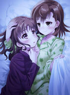 2girls bed blush breasts brown_eyes brown_hair clavicle closed_mouth clothing collarbone female gekota general green_pajamas hand_on_another's_head high_resolution highres long_hair looking_at_another medium_hair misaka_mikoto multiple_girls on_bed open_mouth pajamas print_pajamas safe shirai_kuroko short_hair sleepwear small_breasts smile to_aru_majutsu_no_index toaru_majutsu_no_index yonabe yuri // 1441x1955 // 1.7MB