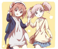 2girls akaza_akari bag blue_bag blue_coat blue_eyes blue_skirt border brown_bag brown_footwear coat double_bun floral_background general grey_shirt hair_bun hair_ribbon handbag holding_hands interlocked_fingers jewelry long_shirt long_sleeves looking_at_viewer multiple_girls namori_(style) necklace official_style open_mouth pink_hair pleated_skirt purple_eyes red_hair redhead ribbon shirt short_hair short_twintails simple_background skirt sweater twintails violet_eyes white_border yellow_background yellow_ribbon yellow_sweater yoshikawa_chinatsu yugokagamine yuri yuru_yuri // 1280x1080 // 826.9KB