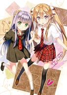 10s 2girls absurd_resolution absurdres black_dress black_legwear blue_hair blush brown_hair contemporary d dress dress_shirt ears elf female footwear garrison_cap green_eyes hair_ornament hair_ribbon hair_tie hand_holding high_resolution highres holding_hands interlocked_fingers kantoku kurumi_(kantoku) large_filesize legwear loafers long_hair multiple_females multiple_girls myucel_foalan myucel_foaran myuseru_foaran necktie none one_side_up open-mouth_smile open_mouth outbreak_company petralka_anne_eldant_iii petrarca_ann_erudanto_iii plaid plaid_necktie plaid_neckwear plaid_skirt pleated_skirt pointed_ears pointy_ears purple_eyes ribbon s safe sailor_dress sankaku sankaku_channel school_uniform scrunchie sensitive shirt shizuku_(kantoku) shoes skirt slip-on_shoes smile socks striped striped_scrunchie thigh-highs thighhighs tied_hair twintails uniform very_high_resolution very_long_hair violet_eyes white_legwear 格子縞のネックウェア // 2126x3000 // 6.0MB