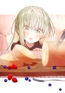 1girl black_shirt blueberry blush braid cake cecilia_(shiro_seijo_to_kuro_bokushi) commentary_request food fork fruit green_eyes green_hair hair_between_eyes highres kazutake_hazano knife long_hair looking_at_food open_mouth pancake shiro_seijo_to_kuro_bokushi shirt solo strawberry swiss_roll table // 1450x2048 // 516.5KB