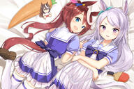 2girls aliasing animal_ears anthropomorphism aqua_eyes brown_hair doll j_young long_hair mejiro_mcqueen ponytail purple_eyes school_uniform tail thighhighs tokai_teio uma__pretty_derby uma_musume_pretty_derby white_hair // 1240x827 // 1.0MB