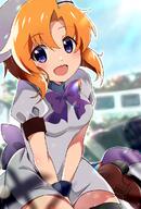 1girl black_legwear blue_eyes blush brown_footwear dress eyebrows_visible_through_hair hair_between_eyes hat higurashi_no_naku_koro_ni looking_at_viewer mashimaro_tabetai open_mouth orange_hair puffy_short_sleeves puffy_sleeves ryuuguu_rena safe short_hair short_sleeves sitting smile solo thighhighs wariza white_dress white_headwear // 800x1179 // 880.9KB