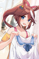 1girl akitsuki_(oenothera) animal_ears blouse blue_eyes blush bow brown_hair commentary_request duplicate hair_between_eyes hair_bow highres holding holding_clothes holding_shirt horse_ears horse_girl long_hair looking_at_viewer multicolored_hair oenothera off-shoulder_shirt off_shoulder open_mouth orange_shirt pink_bow pink_tank_top pixel-perfect_duplicate ponytail questionable safe shirt shirt_removed solo streaked_hair tank_top tokai_teio_(umamusume) uma_musume_pretty_derby umamusume upper_body white_hair white_shirt ウマ娘 ウマ娘プリティーダービー ウマ娘プリティーダービー1000users入り テイオーは可愛くなりたい トウカイテイオー(ウマ娘) 秋月 // 1600x2359 // 2.0MB