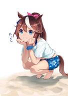 1girl alternate_costume animal_ears barefoot blue_eyes blue_shorts bow brown_hair floral_print gaze_on_me!_outfit_(umamusume) hair_between_eyes hair_bow head_on_hand highres horse_ears horse_girl horse_tail long_hair midriff_peek moko39_takasora multicolored_hair ponytail print_shorts scrunchie shirt short_sleeves shorts sidelocks smile squatting t-shirt tail tokai_teio_(umamusume) translation_request two-tone_hair umamusume white_hair white_shirt wrist_scrunchie // 1448x2048 // 213.2KB