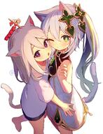 2girls alternate_costume alternative_costume animal_ear_fluff animal_ears artist_name asymmetrical_hair bare_shoulders barefoot black_shorts blush cat_ears cat_tail child chiroron closed_mouth clothing cross-shaped_pupils dress feet female general genshin_impact green_eyes green_hair grey_hair hair_between_eyes hair_ornament halo hand_up heart heart_hair_ornament high_resolution highres leg_up long_hair looking_at_viewer multicolored_hair multicoloured_hair multiple_girls nahida_(genshin_impact) one_eye_closed open_mouth paimon_(genshin_impact) ponytail purple_eyes questionable safe shirt short_hair short_sleeves shorts side_ponytail simple_background sleeveless sleeveless_dress standing standing_on_one_leg symbol-shaped_pupils t-shirt tail tied_hair two-tone_hair violet_eyes white_background white_dress white_shirt // 1479x1933 // 365.3KB