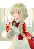 1girl apron blush braid cecilia_(shiro_seijo_to_kuro_bokushi) cup dress food fork frilled_apron frills fruit green_eyes green_hair hair_between_eyes highres holding holding_tray ice_cream kazutake_hazano long_hair long_sleeves maid maid_apron maid_headdress neck_ribbon one_eye_closed open_mouth parfait puffy_sleeves red_dress ribbon shiro_seijo_to_kuro_bokushi single_braid smile solo spoon strawberry striped striped_dress sundae tray very_long_hair waitress white_apron // 1450x2048 // 246.4KB