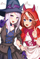 2d_art 2girls animal_ears apron bangs black_dress blue_eyes blush bow breasts brown_hair capelet commentary_request d dress ears_through_headwear eyebrows female frilled_apron frills gloves halloween halloween_costume hand_up high_resolution highres hood hood_up hooded_capelet horse_ears juliet_sleeves kojima_saya kojimasaya long_sleeves looking_at_viewer mejiro_mcqueen mejiro_mcqueen_(uma_musume) mejiro_mcqueen_(umamusume) multicolored_hair multiple_girls open-mouth_smile open_mouth pixiv_349398 pixiv_88597746 puffy_sleeves purple_bow purple_eyes purple_gloves purple_hair red_capelet s safe sankaku sankaku_channel sensitive shirt short_eyebrows short_hair simple_background small_breasts smile streaked_hair swept_bangs teeth thick_eyebrows tokai_teio tokai_teio_(uma_musume) tokai_teio_(umamusume) translation_request uma_musume_-_pretty_derby umamusume upper_teeth v violet_eyes waist_apron white_apron white_background white_hair white_shirt wrist_cuffs ウマ娘 ウマ娘_テイオーとマックイーン ウマ娘プリティーダービー ウマ娘プリティーダービー1000users入り ウマ娘プリティーダービー5000users入り テイマク トウカイテイオー トウカイテイオー(ウマ娘) ハロウィン プリクラ メジロマックイーン メジロマックイーン(ウマ娘) 小島紗 小島紗(kojimasaya) // 1000x1463 // 1.2MB