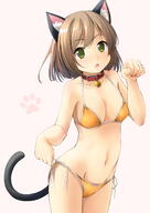 1girl 1girls 2d_art animal_ear_fluff animal_ears bangs bare_arms bare_shoulders bell bell_collar bikini bikini_pull breasts brown_background brown_hair cat_ears cat_girl cat_humanoid cat_pose cat_tail catgirl collar collarbone commentary_request ear_tuft eyebrows_visible_through_hair female female_only green_eyes groin highres humanoid jingle_bell kemonomimi looking_at_viewer medium_breasts navel neck_bell o open_mouth orange_bikini original pawprint pixiv_24946865 pixiv_88695898 red_collar safe shibacha shibacha_0728 side-tie_bikini simple_background solo swimsuit tail undressing untied untied_bikini にゃん。 柴茶(しばちゃ) // 1061x1500 // 434.1KB
