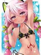 1girl adult animal_ears arm_behind_head arm_up armpits bare_shoulders bead_bracelet beads bikini black_bikini blush bracelet braid breasts brown_skin cat_ears chloe_von_einzbern chloe_von_einzbern_(swimsuit_avenger) cleavage collarbone dark-skinned_female dark_skin fake_animal_ears fategrand_order fatekaleid_liner_prisma_illya fate_(series) female_focus flat_chest flower green_bikini hair_between_eyes hair_flower hair_ornament hair_ribbon hairband highres jewellery jewelry loli long_hair looking_at_viewer low_twin_braids mochi_(k620803n) navel orange_eyes pink_eyes pink_hair questionable ribbon safe sensitive small_breasts smile solo stomach_tattoo swimsuit tattoo tattoo_on_belly twin_braids twintails two-tone_bikini // 1126x1500 // 823.5KB