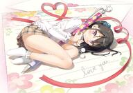 1girl 5_nenme_no_houkago asymmetrical_hair bare_legs black_hair blush clothes_pull clothing english_text hair_ornament hair_scrunchie heart highres holding holding_pen kantoku long_sleeves looking_at_viewer lying mini_person minigirl miniskirt no_shoes on_side original paper parted_lips pen pink_eyes plaid plaid_skirt pom_pom_(clothes) ponytail purple_eyes questionable red_ribbon ribbon ribbons scrunchie sensitive shizuku_(kantoku) short_hair side_ponytail skirt skirt_lift socks solo sweater white_socks white_sweater // 1675x1179 // 2.0MB
