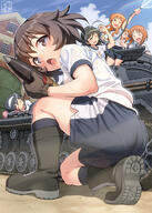 5girls ;d ahoge akiyama_yukari artist_logo artist_name bangs black_eyes black_footwear black_gloves black_hair black_legwear black_shorts blunt_bangs bodily_fluids boots brown_eyes brown_hair building combat_boots commentary_request d day female footwear girls_und_panzer gloves ground_vehicle gym_shirt gym_shorts gym_uniform hairband holding holding_hose hose isuzu_hana laughing long_hair looking_at_another looking_at_viewer looking_back lying messy_hair military military_vehicle motor_vehicle multiple_girls nishizumi_miho on_side one_eye_closed one_knee open_mouth orange_eyes orange_hair outdoors outside pairan pantylines panzerkampfwagen_iv reizei_mako safe sensitive shadow shirt short_hair short_sleeves shorts single_stripe single_vertical_stripe sleeping smile socks standing sweat takebe_saori tank tank_top uniform vehicle white_hair_ornament white_hairband white_shirt wink zipper // 712x1000 // 512.9KB