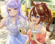 2girls akamoku animal_ears anthropomorphism blue_eyes blush bow brown_hair choker cropped curcumin drink konachan.com long_hair mejiro_mcqueen ponytail purple_eyes purple_hair skirt tail tokai_teio uma__pretty_derby uma_musume_pretty_derby // 1800x1450 // 4.9MB