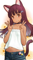 1_female 1girl animal_ears animal_tail badge bangs blush brown_eyes cat_ears cat_tail child choker dark-skinned_female dark_skin dark_skinned_female denim denim_shorts double_v ears eyebrows eyebrows_visible_through_hair female female_focus flower grin hair_ornament high_resolution highres kakinomai legwear long_hair mature midriff navel nekomimi original purple_hair questionable safe sankaku_channel sensitive shirt shorts smile smiley_face solo solo_focus stomach tail tank_top v white_shirt white_tank_top x_hair_ornament young // 894x1600 // 974.4KB