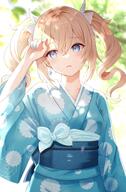 1girl alternate_costume barbara_pegg blonde_hair blue_eyes blue_kimono blush earrings genshin_impact hair_ornament highres japanese_clothes jewellery kimono long_hair nasii open_mouth safe solo twin_tails // 1161x1767 // 270.7KB