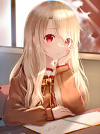 alternate_outfit bent blonde_hair book bows_(fashion) classroom fanart fanart_from_pixiv fate_stay_night female illyasviel_von_einzbern indoors knees long_hair long_sleeves nasii pixiv room school school_uniform sitting solo sunbeam uniform // 1551x2073 // 2.5MB