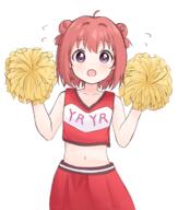 1girl akaza_akari blush breasts cheerleader collarbone double_bun general hair_bun highres looking_at_viewer midriff mito_uzura navel open_mouth pom_pom_(cheerleading) purple_eyes red_hair simple_background small_breasts smile solo upper_body white_background yuru_yuri // 1439x1698 // 1.2MB