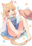 1girl animal_ear_fluff animal_ears artist_name bangs barefoot blonde_hair blue_dress blush breasts brown_headwear cat_ears cat_tail commentary commentary_request d dress eyebrows eyebrows_visible_through_hair feet foot_focus foreshortening hair_ribbon hair_tubes hat highres holding holding_clothes holding_hat kemonomimi_mode lolibooru looking_at_viewer medium_hair moriya_suwako nail_polish notice_lines open_mouth panties pantsu paw_background paw_pose paw_print paw_print_background ramudia_(lamyun) red_ribbon ribbon safe sensitive shirt sidelocks simple_background small_breasts smile soles solo tail toenails toes touhou touhou_project turtleneck underwear unworn_hat unworn_headwear white_background white_nails white_panties white_pantsu white_shirt wide_sleeves yellow_eyes // 1237x1739 // 1.0MB