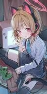 100日チャレンジ 1girl animal_ear_headphones animal_ears black_skirt black_thighhighs blonde_hair blue_archive blue_necktie bluearchive blush bow cat_ears cat_tail closed_mouth collared_shirt controller fake_animal_ears game_controller general hair_bow halo headphones long_sleeves looking_at_viewer momoi_(blue_archive) necking necktie nekomimi ningen_mame pink_eyes pink_halo pixiv_38297201 pleated_skirt red_bow safe saiba_momoi salute seifuku shirt short_hair sitting skirt smile socks solo tail television thighhighs two-finger_salute white_shirt あぐら にんげんまめ@100日投稿中！ ブルアカ ブルーアーカイブ ブルーアーカイブ10000users入り ブルーアーカイブ1000users入り ブルーアーカイブ5000users入り モモイ 制服ヘッドホン 才羽モモイ // 2075x4100 // 5.2MB