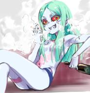 1girl 774_(nanashi) adult alcohol aqua_hair atfbooru.ninja blunt_ends bottle breasts cigarette colored_sclera colored_skin commentary crossed_legs cyberpunk_(series) cyberpunk_edgerunners fang female gelbooru gelbooru_10067282 green_hair grin hair_censor hair_over_breasts holding holding_bottle holding_cigarette leg_tattoo loli long_hair looking_at_viewer navel neck_tattoo panties parted_bangs petite questionable rebecca_(cyberpunk) rebecca_(cyberpunk_edgerunners) reclining red_sclera sensitive sketch small_breasts smile smoke smoking solo stomach_tattoo tattoo teeth topless underwear underwear_only white_skin // 830x860 // 981.1KB