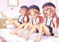 3girls backpack bag barefoot bed bedroom black_headwear black_skirt blush bow braid brown_hair character_request child closed_eyes clothing copyright_request embarrassed eyes_closed feet female female_focus full_body glasses hair_bow hair_ornament hat headwear heart highres hiiragi_nemu indoors knees_up leg_lift legs legs_up loli long_hair looking_at_viewer magia__mahou_shoujo_madoka_magica_gaiden mahou_shoujo_madoka_magica megane miniskirt multiple_girls open_mouth pillow pink_eyes pink_hair purple_eyes questionable randosel randoseru ribbon safe satomi_touka school_uniform sensitive shirt short_sleeves sitting skirt skirt_tug smile soles speech_bubble spoken_heart suspender_skirt suspenders tamaki_ui thighs tied_hair toes twin_braids twin_tails twintails uniform violet_eyes white_shirt yappariga // 2048x1448 // 339.9KB