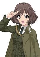 10s 1_female 1girl akiyama_yukari alternate_costume alternative_costume bangs black_necktie black_neckwear bonple_military_uniform brown_eyes brown_hair brown_jacket capelet check check_commentary commentary_request d dress_shirt eyebrows eyebrows_visible_through_hair female fourragere girls_und_panzer girls_und_panzer_ribbon_no_musha inoshira jacket long_sleeves looking_at_viewer mature messy_hair military military_uniform necktie open-mouth_smile open_mouth point_of_view pov s safe salute sensitive shirt short_hair simple_background smile solo standing twitter_username two-finger_salute uniform upper_body white_background white_shirt wing_collar // 638x900 // 78.2KB