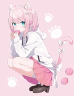 1girl animal_ear_fluff animal_ears blue_eyes blush bow brown_footwear cat_ears cat_girl cat_tail commentary commentary_request drawstring food full_body hair_between_eyes hair_bow hands_up highres holding holding_food hood hood_down hoodie knees_up loafers long_sleeves macaron nekomimi original pink_background pink_hair pink_skirt pleated_skirt puffy_long_sleeves puffy_sleeves shoes simple_background skirt sleeves_past_wrists socks solo squatting symbol-only_commentary tail tail_bow tail_ornament tantan_men_(dragon) twintails white_bow white_hoodie white_socks // 1312x1700 // 307.7KB