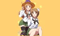 2_females 2girls aliasing animal_ears bandage brown_eyes brown_hair cosplay ears female food girls_und_panzer halloween hat long_hair multiple_females multiple_girls nishizumi_miho orange pocky pomon_illust school_uniform short_hair skirt takebe_saori thigh-highs thighhighs uniform witch_hat zettai_ryouiki // 2000x1200 // 509.3KB