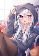 1girl animal_ears animal_hood black_pantyhose cat_ears cat_girl cat_hood cat_tail fang general grey_hoodie highres hood hood_up hoodie long_hair long_sleeves looking_at_viewer o original pantyhose purple_eyes ringouulu skin_fang tail violet_eyes white_hair zipper // 1056x1518 // 200.6KB