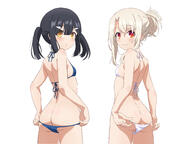 2girls ass atfbooru.ninja back bare_back bare_shoulders bikini bikini_bottom_pull black_hair blonde_hair blue_bikini butt_crack closed_mouth fatekaleid_liner_prisma_illya fate_(series) female female_focus flat_chest from_behind frost_apple hair_bun hair_ornament hairclip illyasviel_von_einzbern loli looking_at_viewer looking_back miyu_edelfelt multiple_girls questionable red_eyes sensitive shoulder_blades sidelocks simple_background standing swimsuit white_background white_bikini yellow_eyes // 4000x3000 // 2.4MB