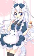 1_female 1girl animal_ear_fluff animal_ears apron black_legwear blue_eyes bow commentary_request dress ears eating female food food_on_face fruit hair_bow joujou legwear long_hair looking_at_viewer mature original pov pudding safe solo spoon strawberry tail thigh-highs thighhighs white_hair zettai_ryouiki // 464x763 // 72.0KB