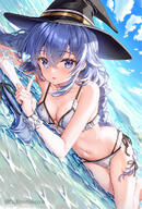 1girl beach bikini blue_eyes blue_hair blue_sky braid breasts cleavage cloud day frilled_bikini frills fujima_takuya hair_between_eyes hat index_finger_raised long_hair looking_at_viewer lying medium_breasts mushoku_tensei navel ocean on_side outdoors roxy_migurdia sand sensitive side-tie_bikini_bottom sky solo stomach swimsuit twin_braids water white_bikini witch_hat // 870x1286 // 1.0MB