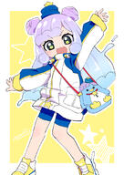 1girl animal_bag arm_up bike_shorts blue_hair blue_hat blush commentary_request double_bun gradient_hair green_eyes hair_bun hat jacket long_hair long_sleeves looking_at_viewer mini_hat mini_top_hat monster_girl multicolored_hair open_mouth puniru_(puniru_wa_kawaii_slime) puniru_wa_kawaii_slime purple_hair shoes slime_girl smile solo standing star_(symbol) star_symbol_background tanutan_(fur-ecoro3) top_hat v-shaped_eyebrows yellow_background yellow_footwear // 764x1080 // 491.6KB