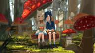 2girls animal animal_ear_fluff animal_ears animal_on_shoulder ankle_boots bare_legs blue_dress blue_footwear blue_hair blush boots brown_footwear closed_eyes clothing commentary dress eyes_closed female footwear forest fox full_body grass green_eyes grey_hair head_on_another's_shoulder legs legwear looking_to_the_side mary_janes multiple_girls mushroom mushroom_on_head nature original outdoors road_sign s safe scenery sen_(sennosenn1127) shoes short_hair sign sitting socks tree white_dress white_legwear yuri // 3840x2160 // 4.0MB