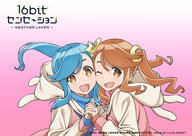 16bit_sensation 2girls animal_hood blue_hair brown_eyes brown_hair cheek-to-cheek commentary_request crescent crescent_hair_ornament end_card gradient_background hair_ornament heads_together highres holding_hands hood hoodie koyama_kikiko koyama_rarako long_hair looking_at_viewer multiple_girls official_art okuda_yasuhiro one_eye_closed star_(symbol) star_hair_ornament twintails // 1920x1357 // 910.7KB