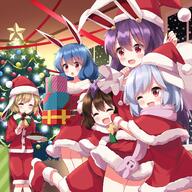 5girls ;d animal_ears belt belt_buckle black_belt blue_hair boots box breasts brown_hair buckle capelet christmas christmas_ornaments christmas_tree cleavage collarbone commentary_request dress eating food fur-trimmed_capelet fur-trimmed_headwear fur-trimmed_shorts fur_trim gift gift_box hair_between_eyes hat holding holding_food holding_gift holding_sack inaba_tewi indoors light_brown_hair medium_breasts multiple_girls off-shoulder_dress off_shoulder one_eye_closed open_mouth purple_eyes rabbit_ears red_capelet red_dress red_eyes red_footwear red_shorts reisen_(touhou_bougetsushou) reisen_udongein_inaba ringo_(touhou) ruu_(tksymkw) sack santa_costume santa_hat seiran_(touhou) sensitive shorts smile snowing star_(symbol) touhou // 1400x1400 // 1.6MB