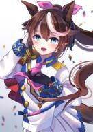 1girl absurdres animal_ears ascot bangs blue_eyes blue_sky blurry blurry_background brown_hair clouds d day depth_of_field epaulettes eyebrows_visible_through_hair hair_between_eyes hair_ribbon hand_on_hip hand_up high_ponytail highres horse_ears horse_girl horse_tail jacket kurenai06250504 looking_at_viewer multicolored_hair outdoors pink_neckwear pink_ribbon pleated_skirt ponytail ribbon single_epaulette skirt sky smile solo streaked_hair tail tokai_teio umamusume white_hair white_jacket white_skirt // 2481x3508 // 5.3MB