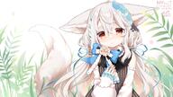 animal_ears anzu_ame blush bow braids dress foxgirl gray_hair leaves long_hair original red_eyes ribbons sakurada_shiro signed tail waifu2x // 1600x901 // 1.1MB