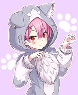 1girl animal_ear_hood animal_ears animal_hood blush cat_ears cat_hood claw_pose commentary_request cosplay ear_piercing fake_animal_ears hood long_sleeves looking_at_viewer looking_to_the_side outline paw_print paw_print_background piercing pink_background pink_hair puck_(re_zero) puck_(re_zero)_(cosplay) ram_(re_zero) re_zero_kara_hajimeru_isekai_seikatsu red_eyes s_(hdru2332) smile solo white_outline // 742x900 // 381.5KB