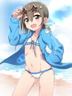 1_female 1girl arm_up bangs beach bikini bikini_under_clothes blue_jacket blue_sky blush brown_eyes brown_hair cloud clouds collarbone commentary_request d day eyebrows eyebrows_visible_through_hair eyewear eyewear_on_head female fingernails flat_chest flower groin hair_between_eyes hair_clip hair_flower hair_ornament hair_tie hairclip hand_in_pocket head_tilt highres horizon jacket long_hair long_sleeves low_ponytail minowa_gin minowa_sukyaru navel ocean one_arm_up open_clothes open_jacket open_mouth outdoors outside pink_flower ponytail puffy_long_sleeves puffy_sleeves questionable red-framed_eyewear safe sand sensitive sky sleeves_past_wrists smile solo star-shaped_eyewear stomach sunglasses swimsuit swimwear tied_hair washio_sumi_wa_yuusha_de_aru water white_bikini white_swimsuit yuuki_yuuna_wa_yuusha_de_aru yuusha_de_aru yuusha_de_aru_(series) // 1292x1726 // 1.8MB