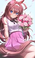 1girl absurdres ahoge animal_ears blue_eyes bouquet brown_hair closed_mouth flower hair_flower hair_ornament highres holding holding_bouquet horse_ears horse_girl horse_tail long_hair looking_at_viewer mihono_bourbon_(umamusume) ningen_mame pink_flower pink_rose red_flower red_rose rose safe smile solo tail thighs umamusume にんげんまめ ウマ娘 ウマ娘プリティーダービー ウマ娘プリティーダービー1000users入り ミホノブルボン(ウマ娘) 誕生日おめでとう // 2176x3592 // 3.8MB