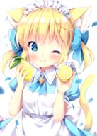 1_female 1girl 2d_art ;q animal_ear_fluff animal_ears animal_tail apron blonde_hair blue_bow blue_dress blue_eyes blush bow cat_ears cat_girl cat_tail catgirl catperson closed_mouth collared_dress commentary_request dress ears female food fruit hair_bow hair_ornament hair_tie holding holding_food ir0ric0n irori lemon maid maid_apron maid_headdress one_eye_closed original original_character pixiv_74791226 puffy_short_sleeves puffy_sleeves reddit safe sensitive short_sleeves simple_background smile solo tail tail_raised tied_hair tongue tongue_out twintails white_apron white_background x_hair_ornament オリジナル オリジナル1000users入り 創作 女の子 恋小いろり 檸檬 // 713x1000 // 623.1KB