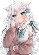 1girl ahoge animal_ear_fluff animal_ears bangs bow breasts brown_cardigan cardigan cat_ears cat_girl cat_tail collared_shirt commentary_request dress_shirt green_bow green_eyes grey_hair hair_between_eyes hair_bow highres long_hair long_sleeves medium_breasts off_shoulder original puffy_long_sleeves puffy_sleeves ringouulu shirt simple_background sleeves_past_wrists solo t tail tail_raised upper_body very_long_hair white_background white_shirt // 1086x1527 // 873.3KB