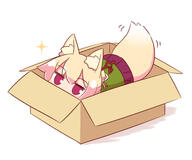 1_female 1girl animal_ear_fluff animal_ears animal_tail bangs blonde blonde_hair box cardboard_box commentary_request ears eyebrows eyebrows_visible_through_hair female for_adoption fox_ears fox_girl fox_tail full_body general green_shirt hair_between_eyes hair_bun hair_ornament hair_stick in_box in_container kemomimi-chan_(naga_u) kitsunemimi looking_at_viewer naga_u original pixel-perfect_duplicate point_of_view pov purple_eyes purple_skirt safe shirt simple_background single_hair_bun skirt solo sparkle tail tail_raised tail_wagging tied_hair white_background // 1200x1000 // 282.3KB